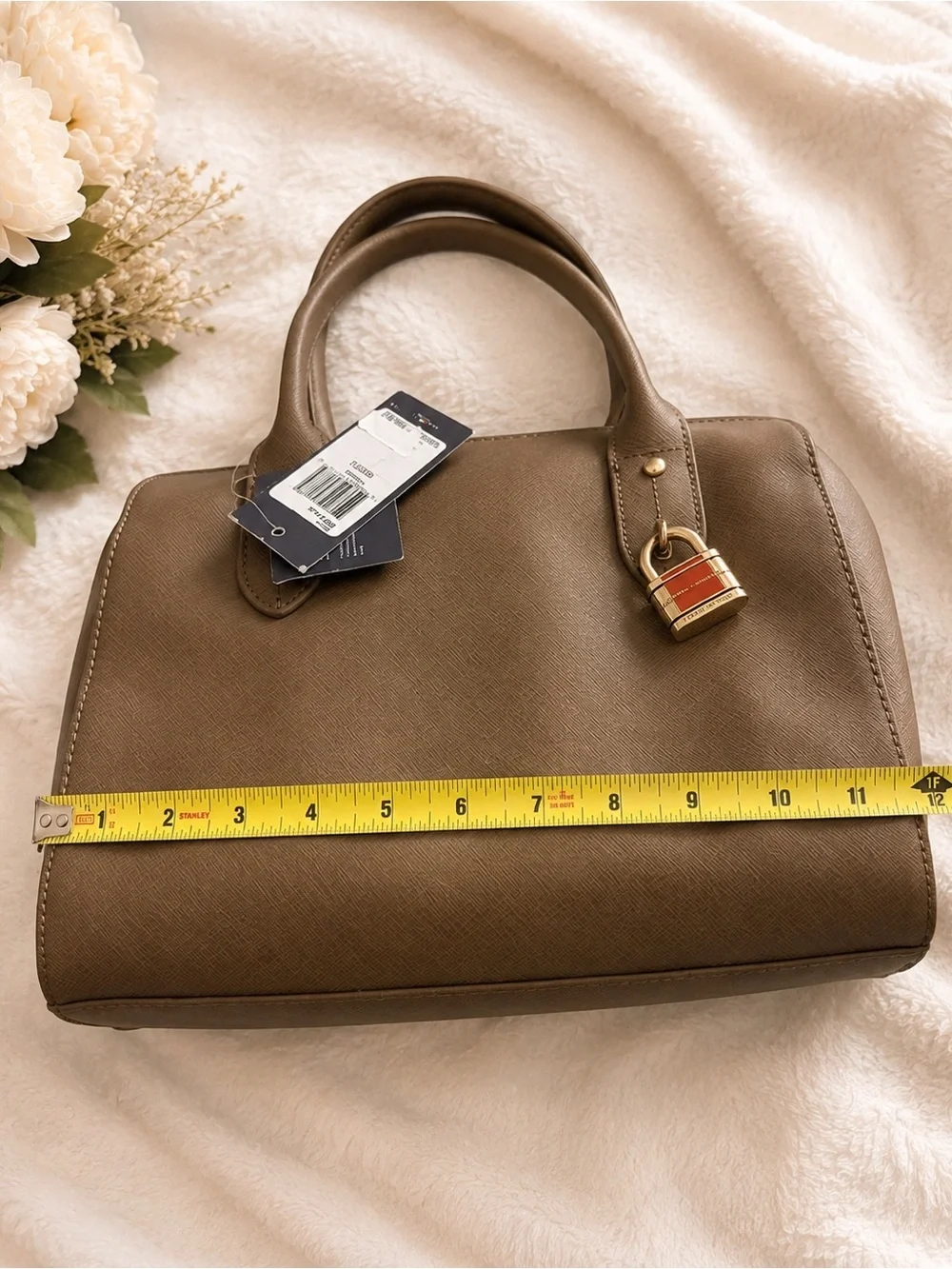 Tommy Hilfiger Olive-Taupe Saffiano Satchel with Gold Padlock
